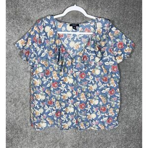 Chaps Top Womens Size 18W Blue Floral Linen Blend Button Up V-Neck Ruffle Detail